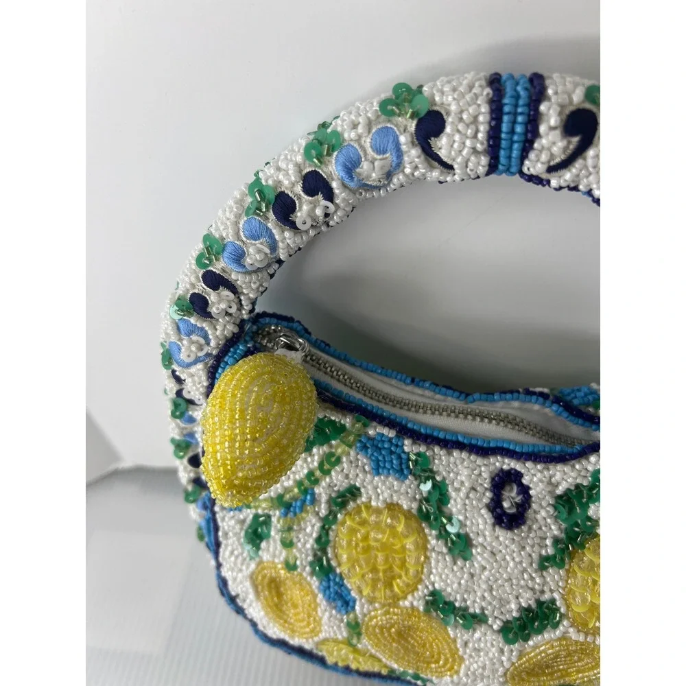 Handcrafted Beaded Lemon Mini Bag White Blue Yellow Citrus Fruit Hobo Handbag